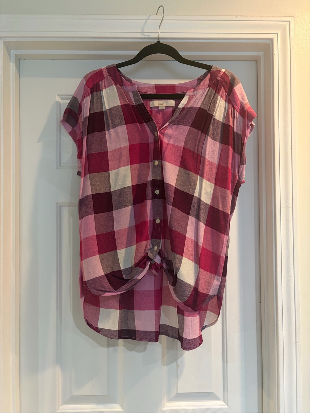 LOFT Pink and White Plaid Button-Front Tie-Hem Blouse